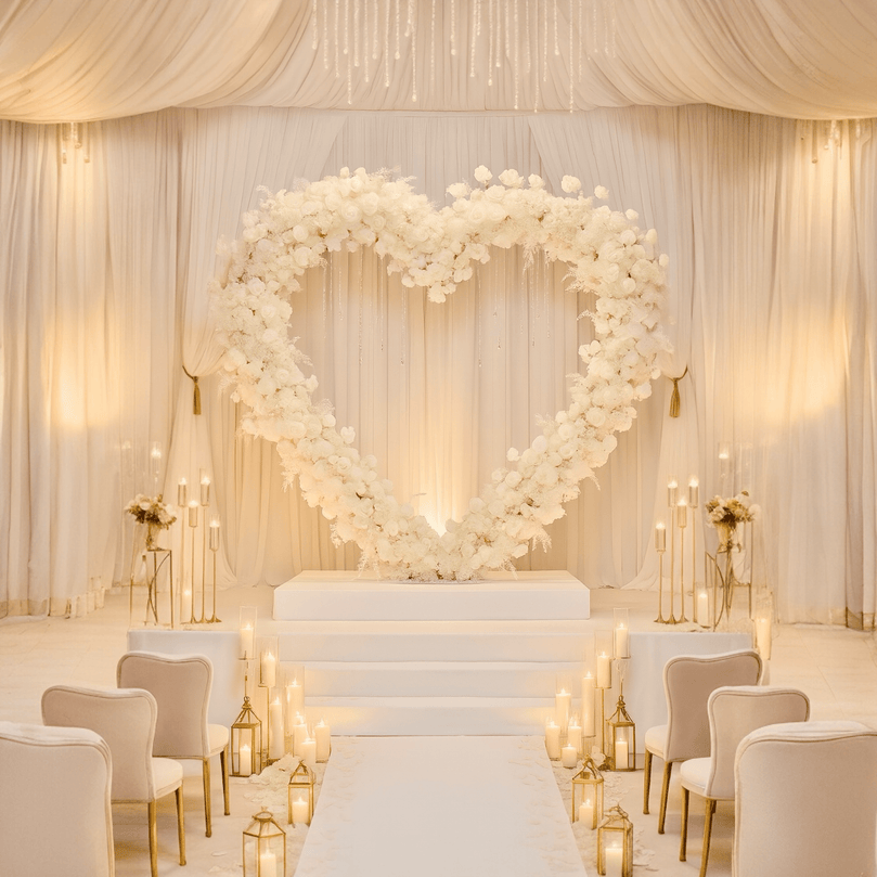 Heart Backdrop with White Floral Arrangement for Rent