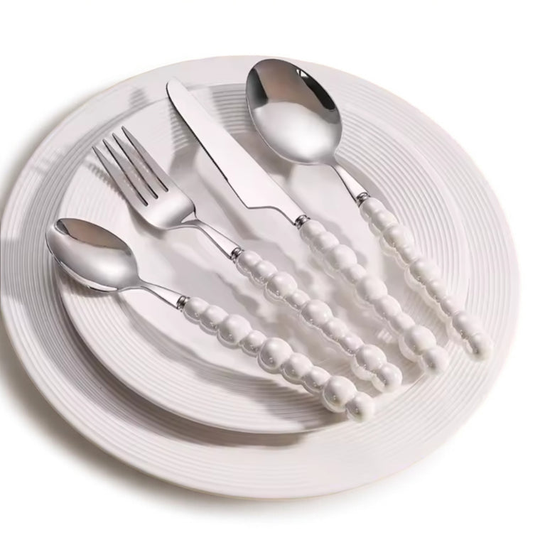 White Pearl Beaded Cutlery Set for Rent