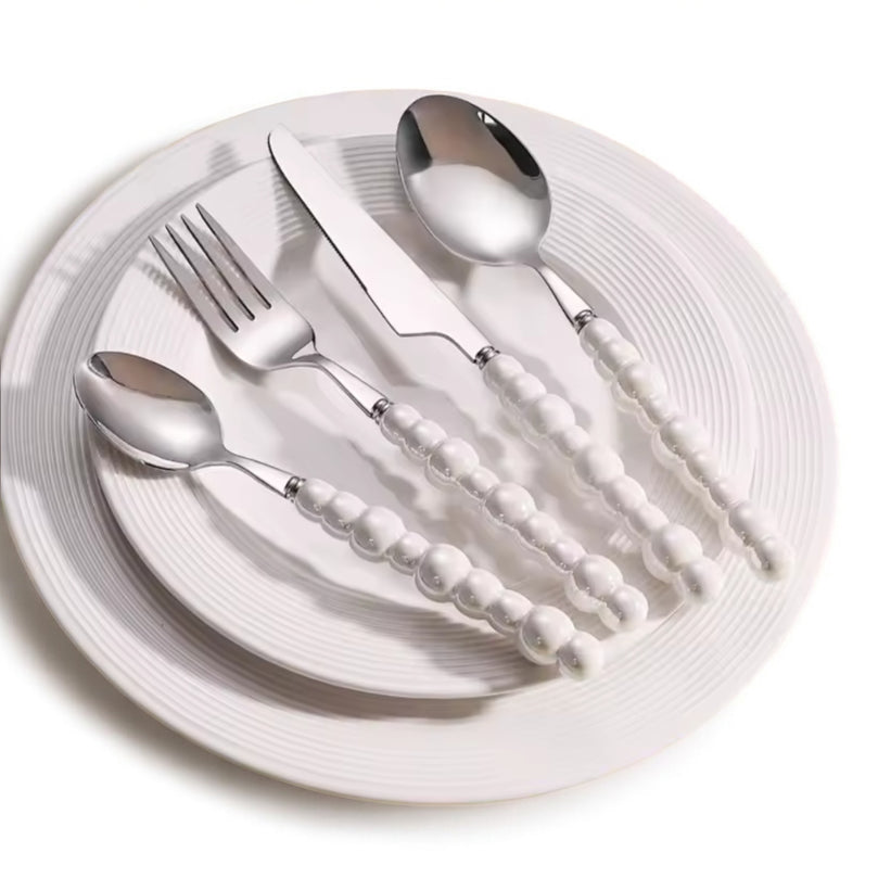 White Pearl Beaded Cutlery Set for Rent