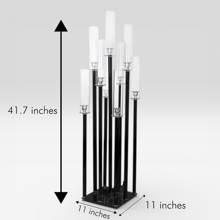 Black candle holder with clear candle cylinders and measurements on a gray background