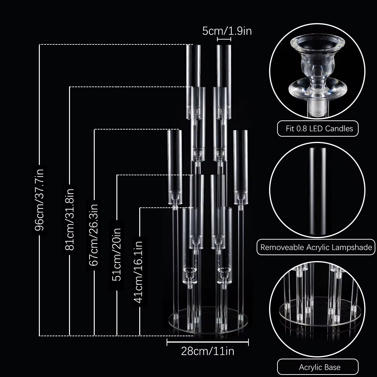 Clear acrylic candle holder with dimensions and features on a black background