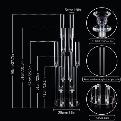Clear acrylic candle holder with dimensions and features on a black background