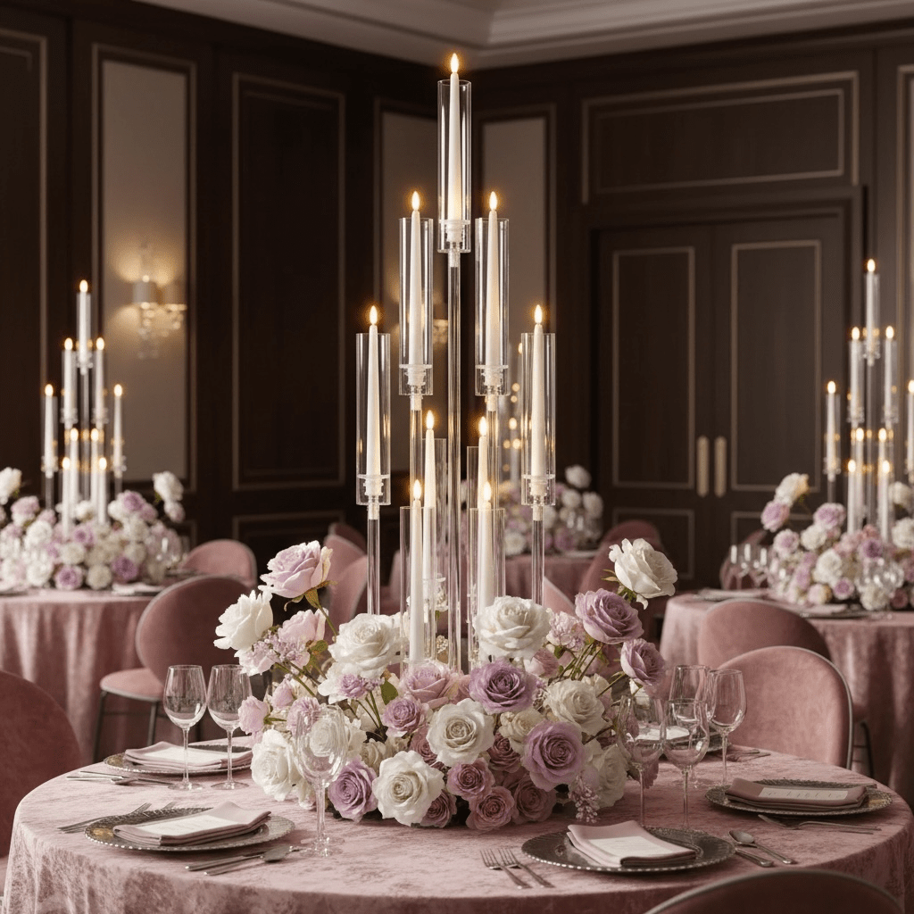 Elegant dining table setting with floral centerpieces and tall acrylic candle holders in a dimly lit room.