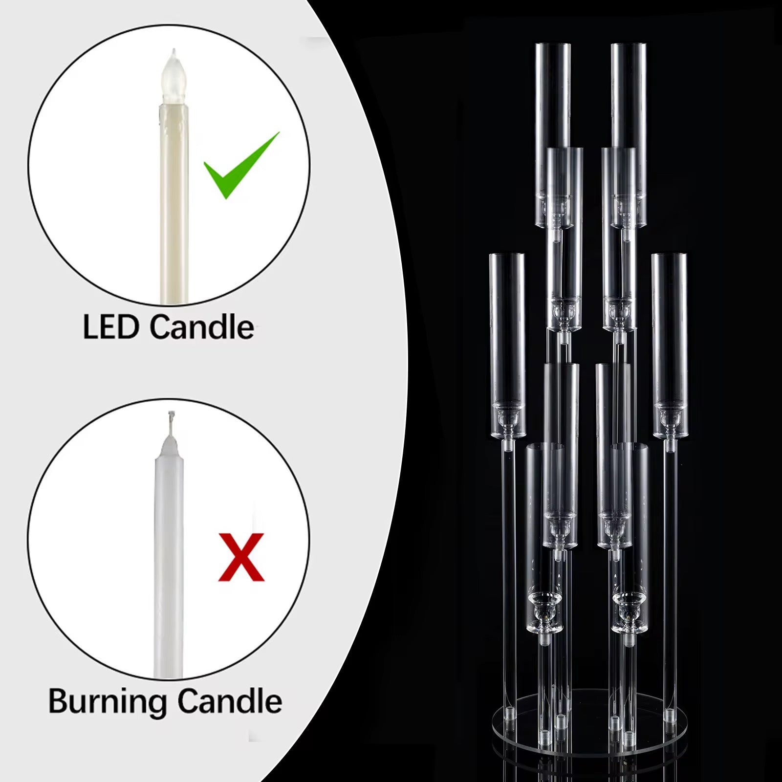 Clear candle holder with LED candle on a black background