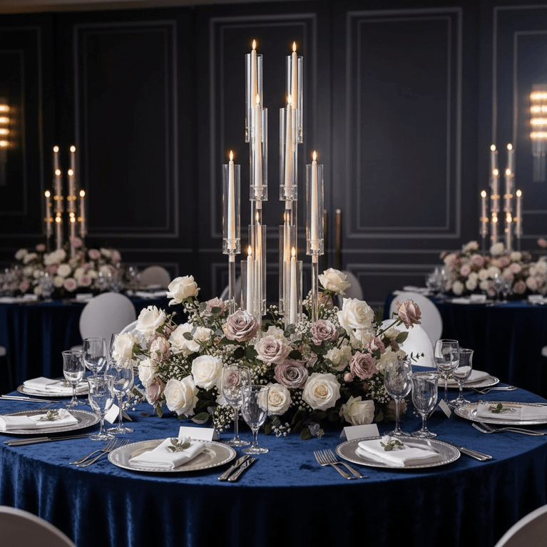 Elegant table setting with floral centerpiece, acrylic candle holder, and fine china in a formal dining room.