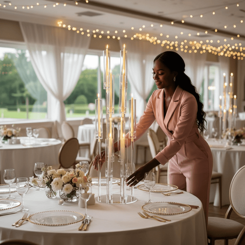 Woman in a pink suit setting a clear candle holder on a table in a decorated room with string lights.