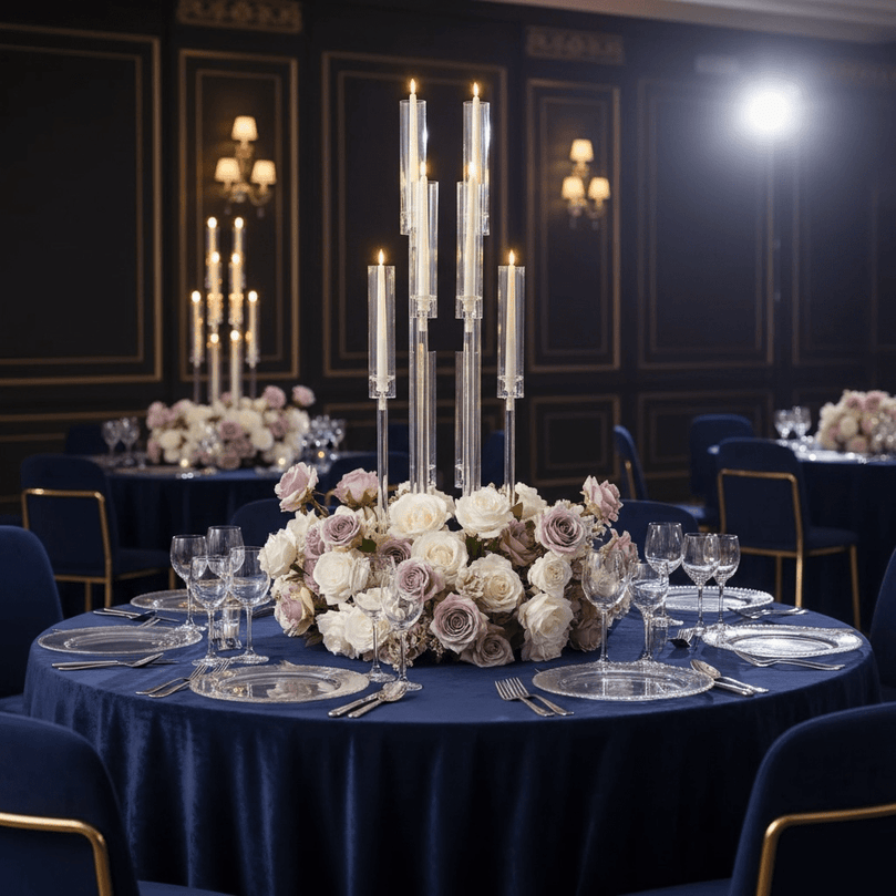 Elegant table setting with floral centerpiece and candlestick holder in a formal dining room.