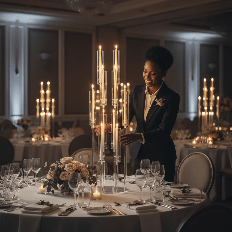 Waitress setting a table with acrylic candle holders and fine china in a dimly lit restaurant.