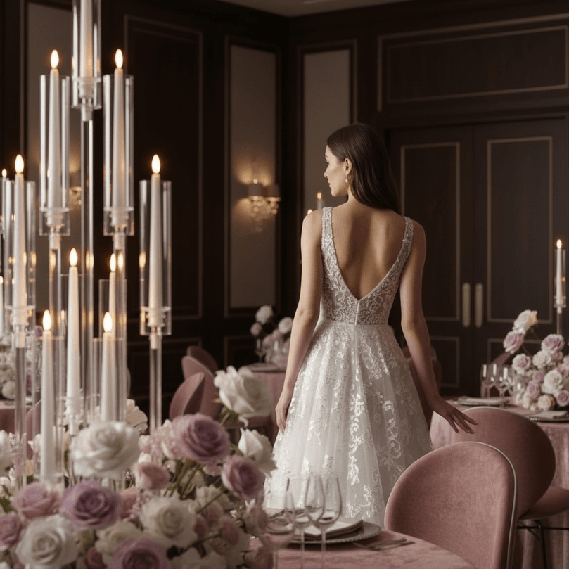 Woman in a white dress standing in an elegantly decorated room with clear candle holders and floral arrangements.