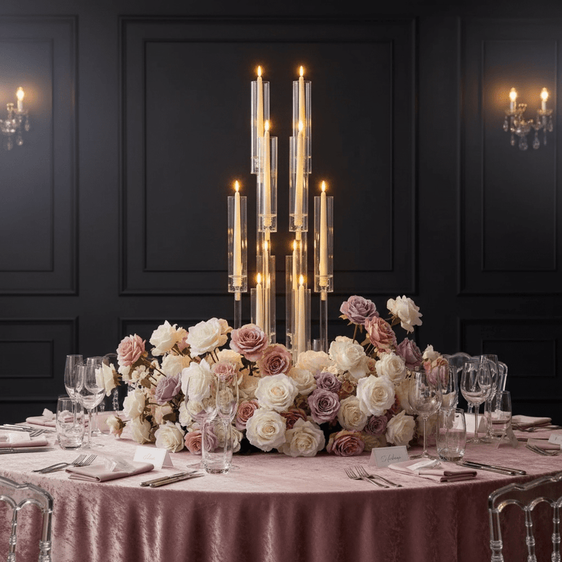 Decorative table setting with flowers and a tall acrylic candle holder in a darkly paneled room.