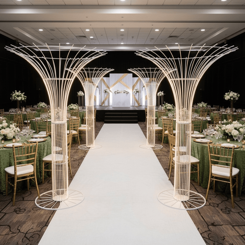 Decorative wedding arches with floral arrangements on tables in a banquet hall.
