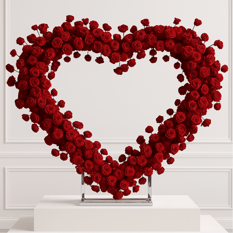 Heart Backdrop with Red Floral Arrangement for Rent