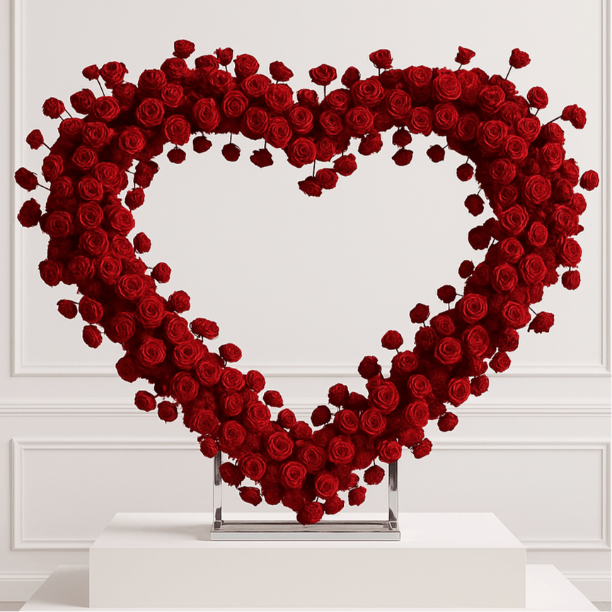 Heart Backdrop with Red Floral Arrangement for Rent