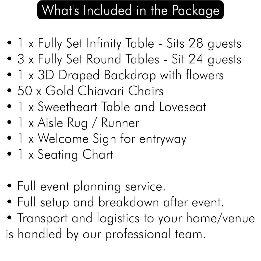 List of event package items including tables, chairs, and decorations with a black border.