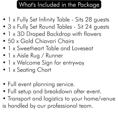 List of event package items including tables, chairs, and decorations with a black border.