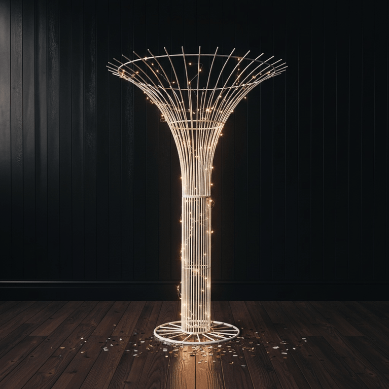 Decorative wedding tree prop with string lights on a dark background