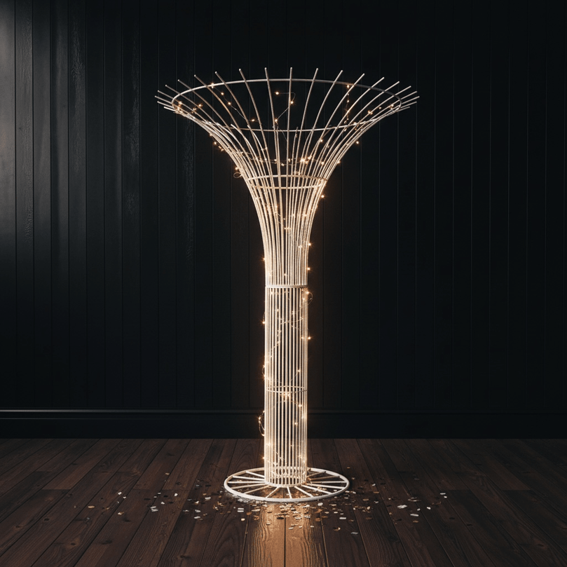 Decorative wedding tree prop with string lights on a dark background