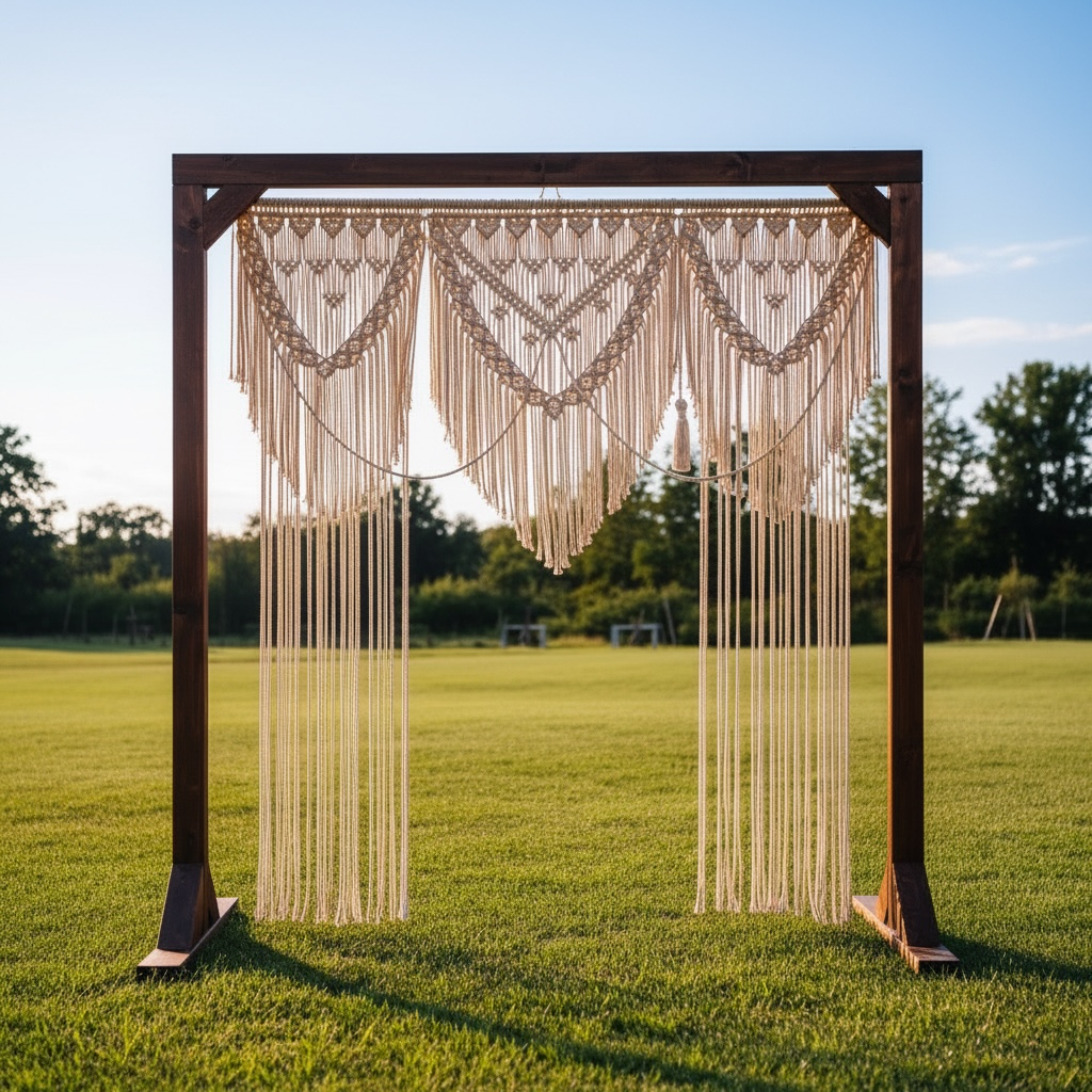 Decorative wooden arch with large macrame boho curtain, string art in a grassy outdoor setting