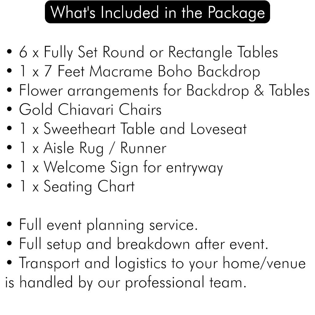 List of event package items including tables, backdrop, chairs, and decor on a white background.
