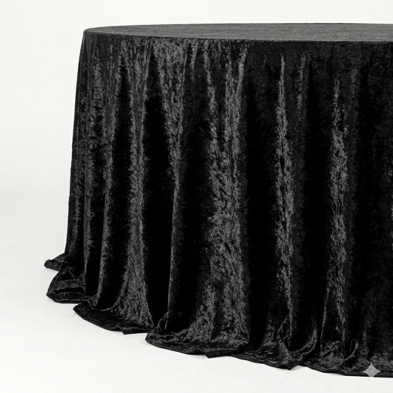 Black textured velvet tablecloth on a round table against a white background