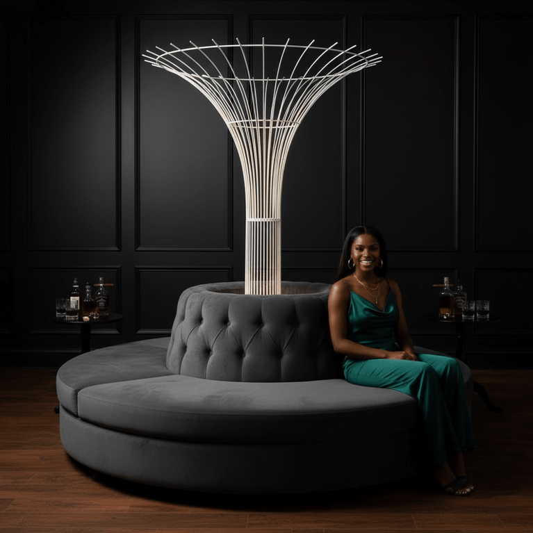 Woman in a teal dress sitting on a gray sofa with a modern party rental structure in the background.