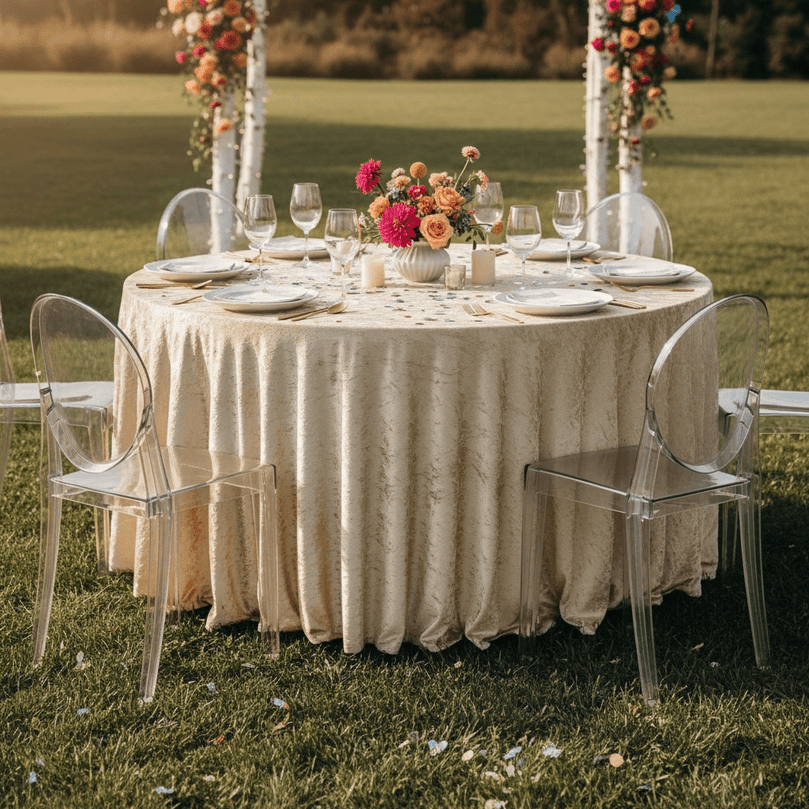 Dining table draped with a champagne velvet tablecloth set for a meal outdoors with floral arrangements and clear chairs.