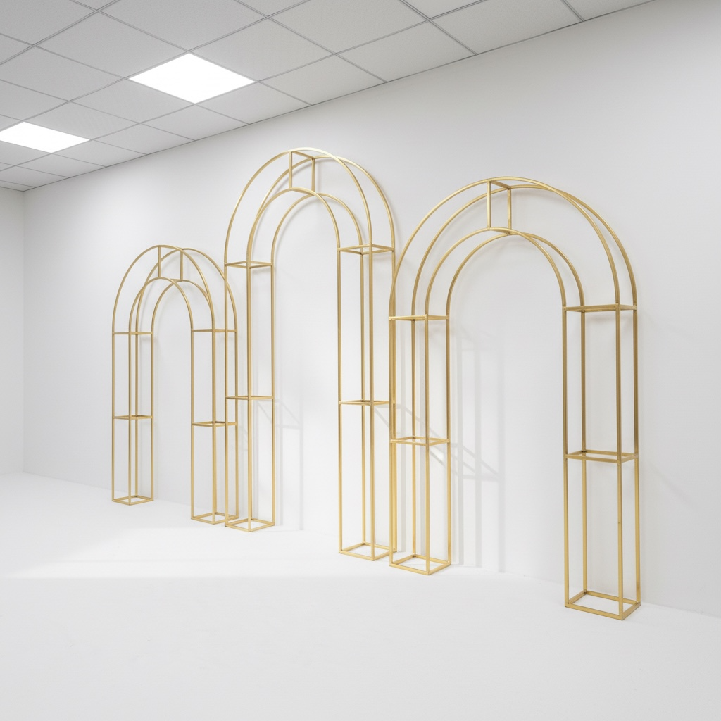 Set of gold arch-shaped wedding backdrops against a white wall.