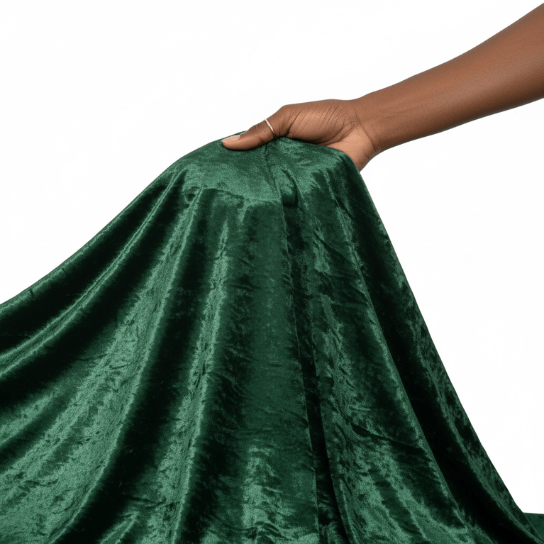 Hand holding emerald green velvet fabric against a white background