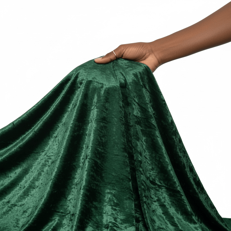 Hand holding emerald green velvet fabric against a white background