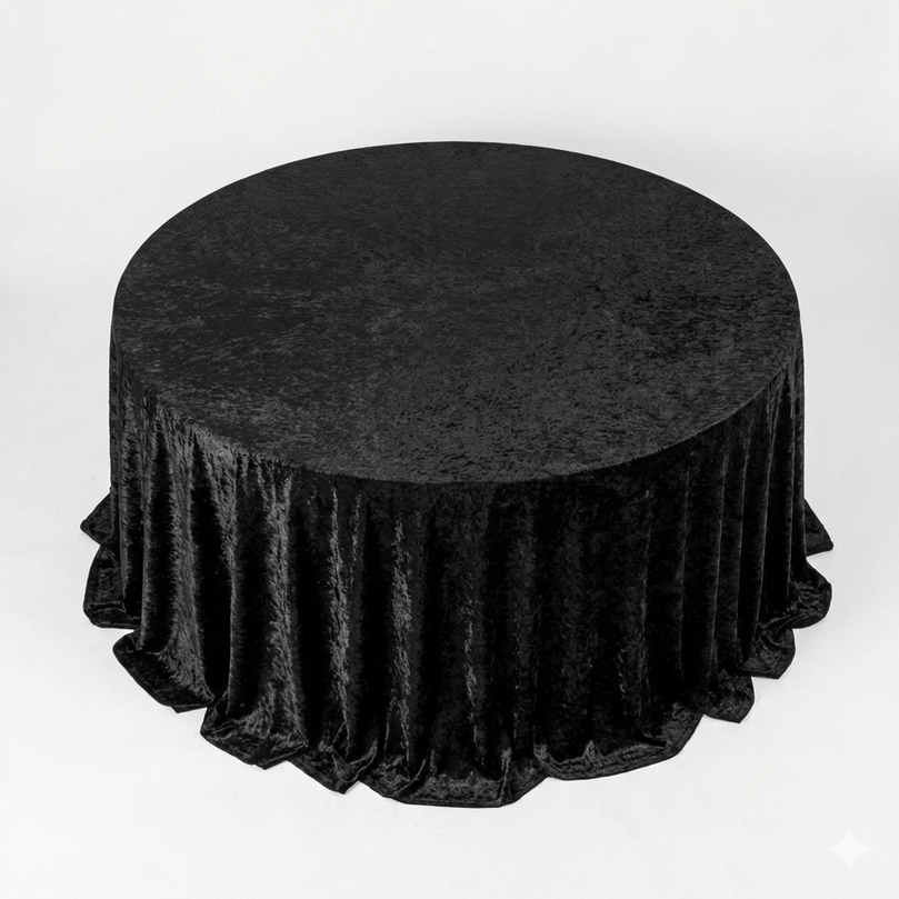 Round table covered with a black velvet tablecloth on a white background