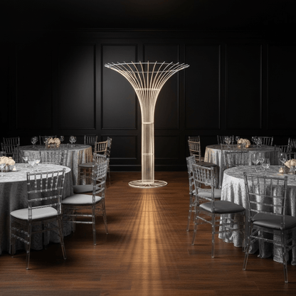 Decorative floor party prop in a banquet hall with tables and chairs