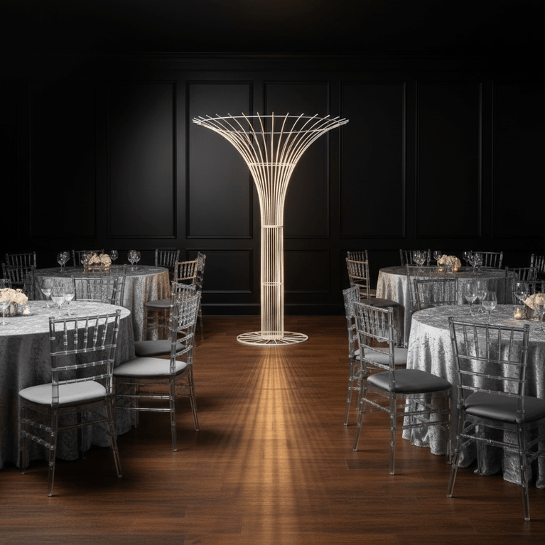 Decorative floor party prop in a banquet hall with tables and chairs