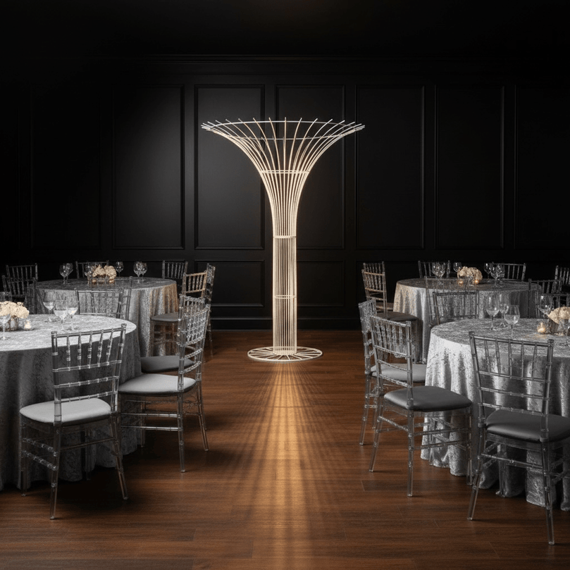 Decorative floor party prop in a banquet hall with tables and chairs