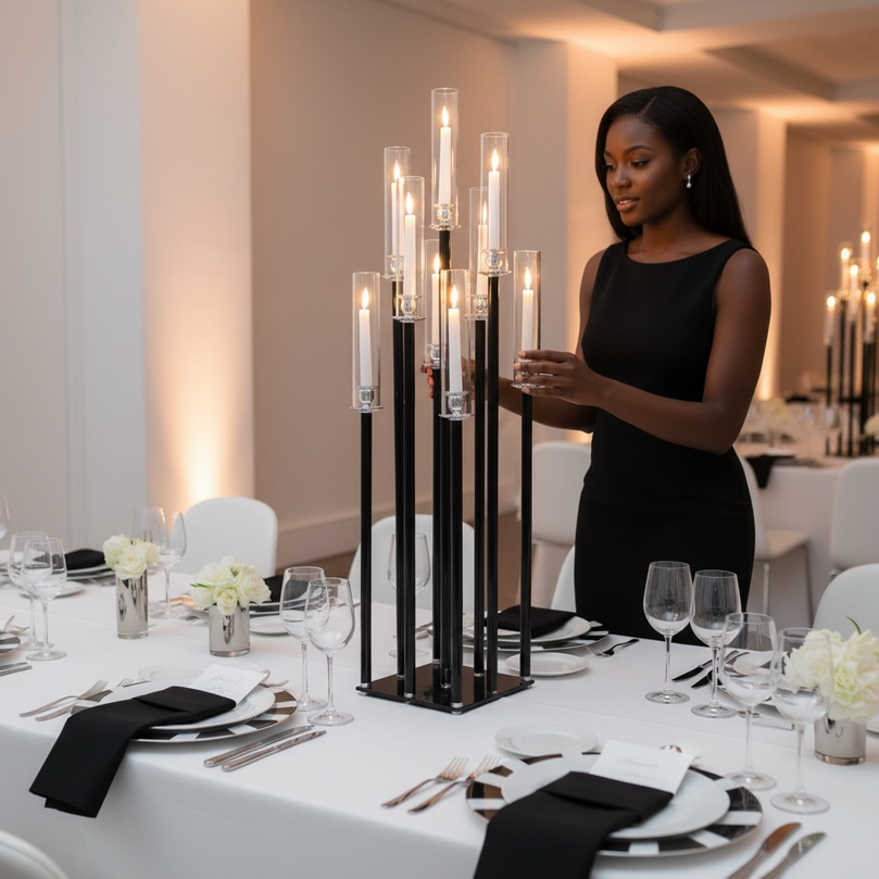 Woman arranging candles into a large black candle holder on a table in a formal dining setting