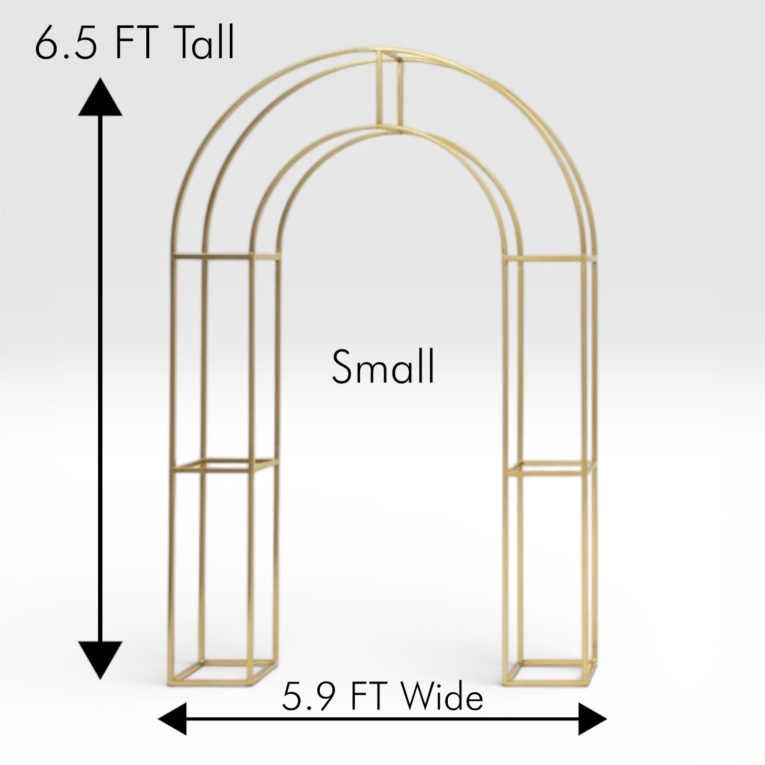 Gold arch-shaped backdrop frame with measurements on a white background