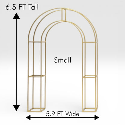 Gold arch-shaped backdrop frame with measurements on a white background