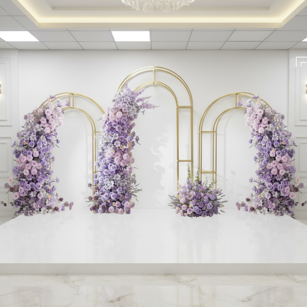 Decorative floral wedding backdrop arches with purple and pink flowers on a white marble wall.