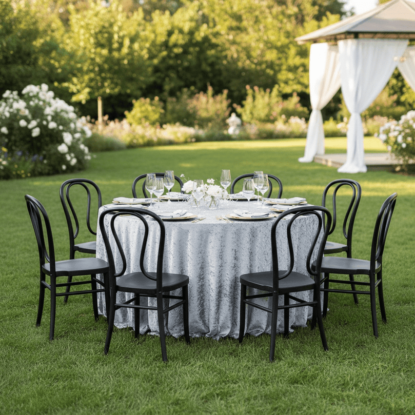 Round table set for a backyard party with a silver velvet tablecloth and black chairs on a grassy lawn with a garden and gazebo in the background.