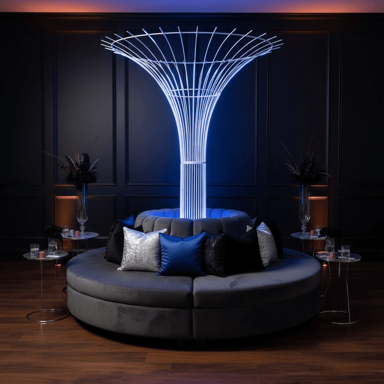 Modern circular sofa with decorative pillows in a dimly lit room with a futuristic party rental light sculpture.