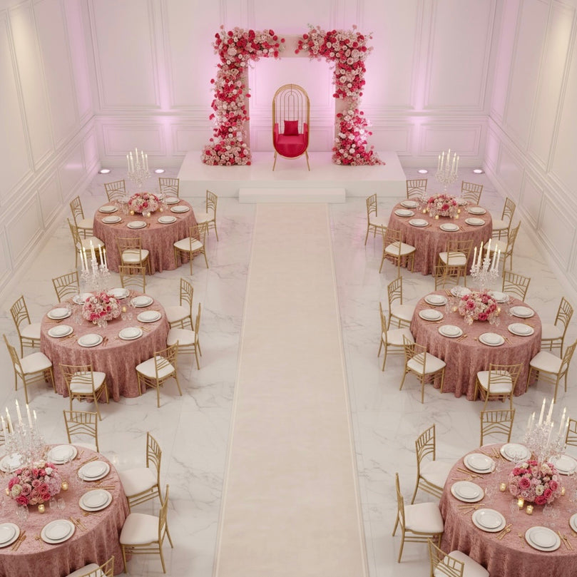 Decorated event space with tables, chairs, and floral arrangements in a large room.