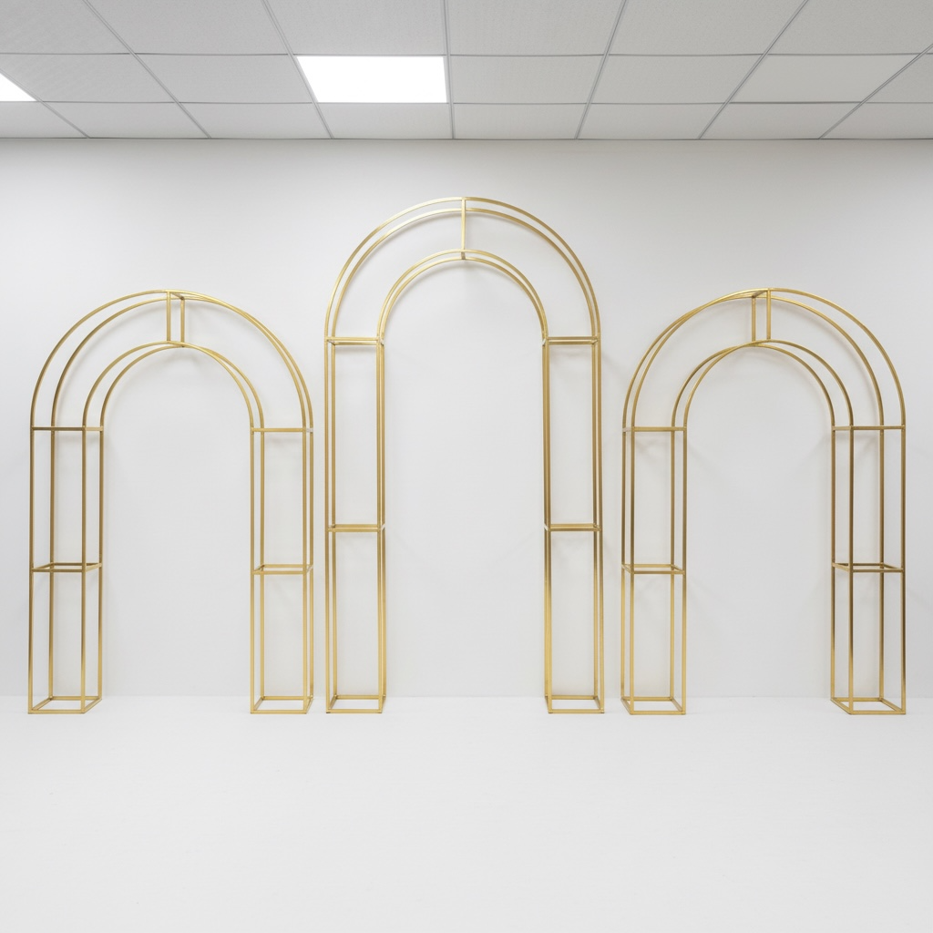 Set of three gold arch-shaped metal wedding backdrop frames on a white wall.
