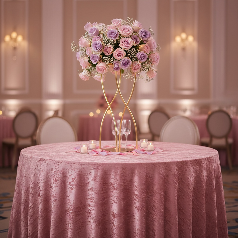 Decorative floral centerpiece on a round table with pink tablecloth in an elegant room.