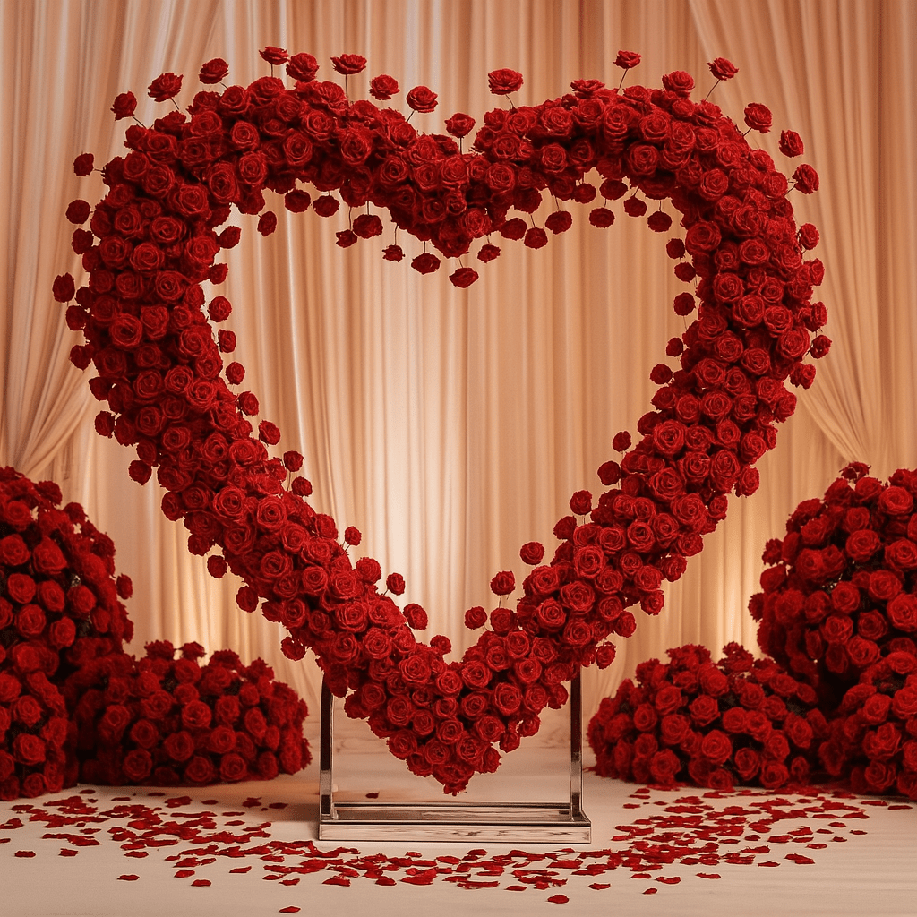 Heart Backdrop with Red Floral Arrangement for Rent