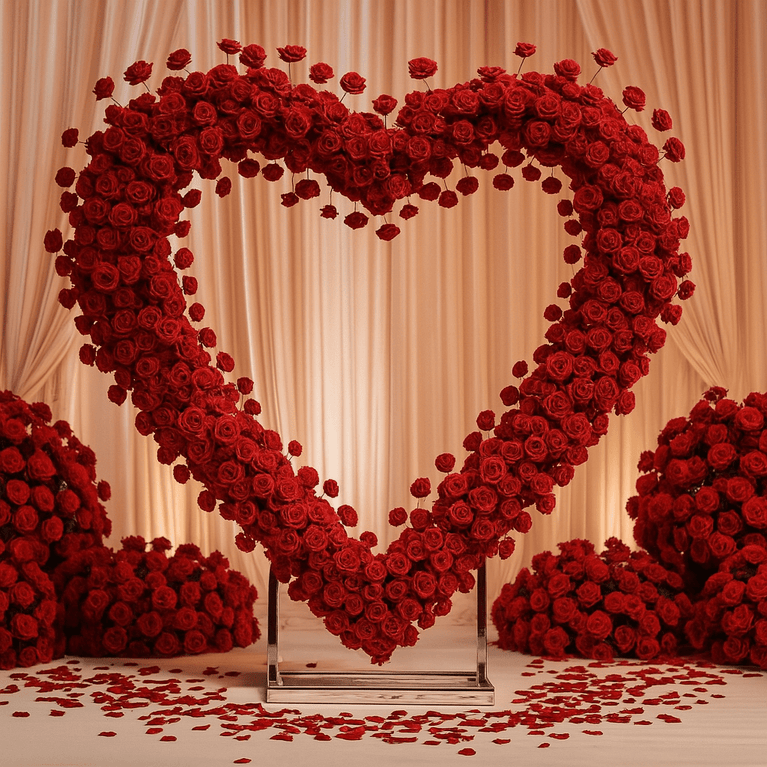 Heart Backdrop with Red Floral Arrangement for Rent