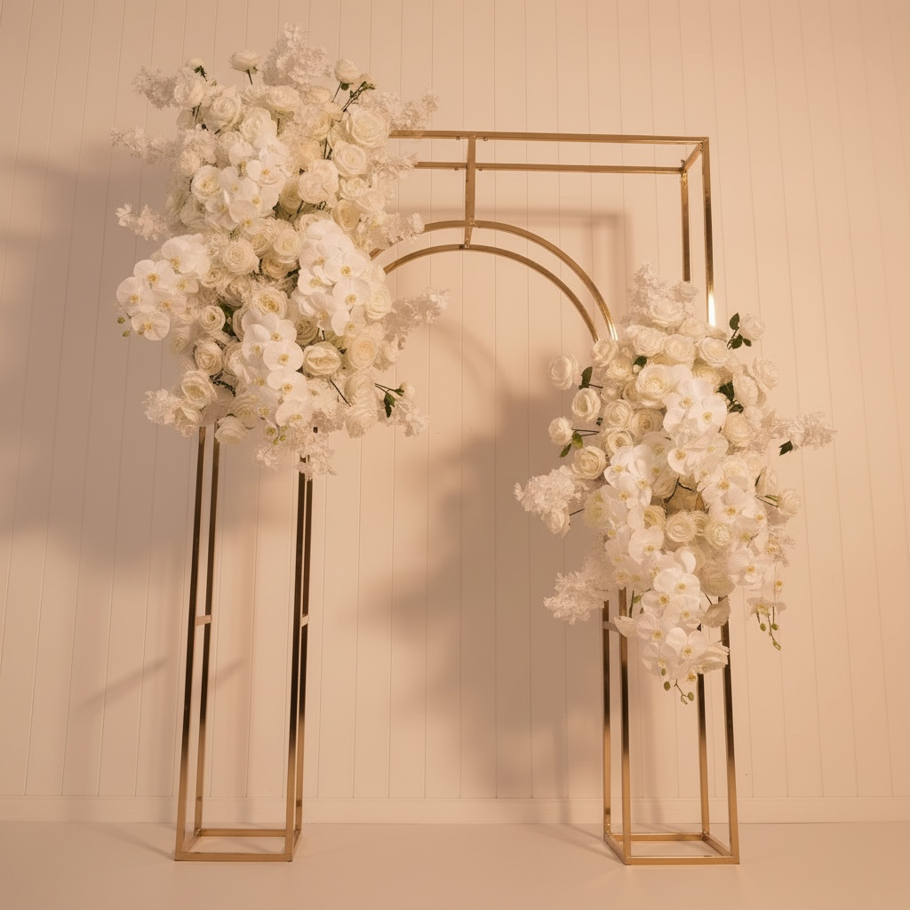 Decorative floral arches with white flowers against a neutral background