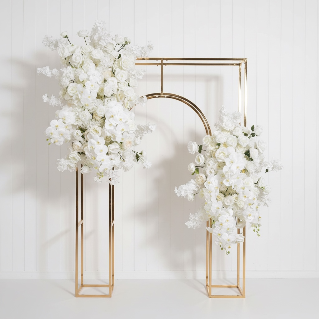 Gold wedding arch with white flowers on a white background