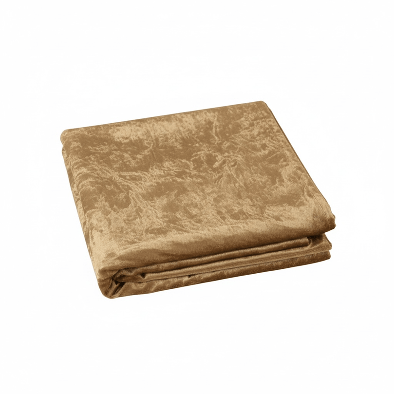 Folded mocha brown velvet tablecloth on a white background