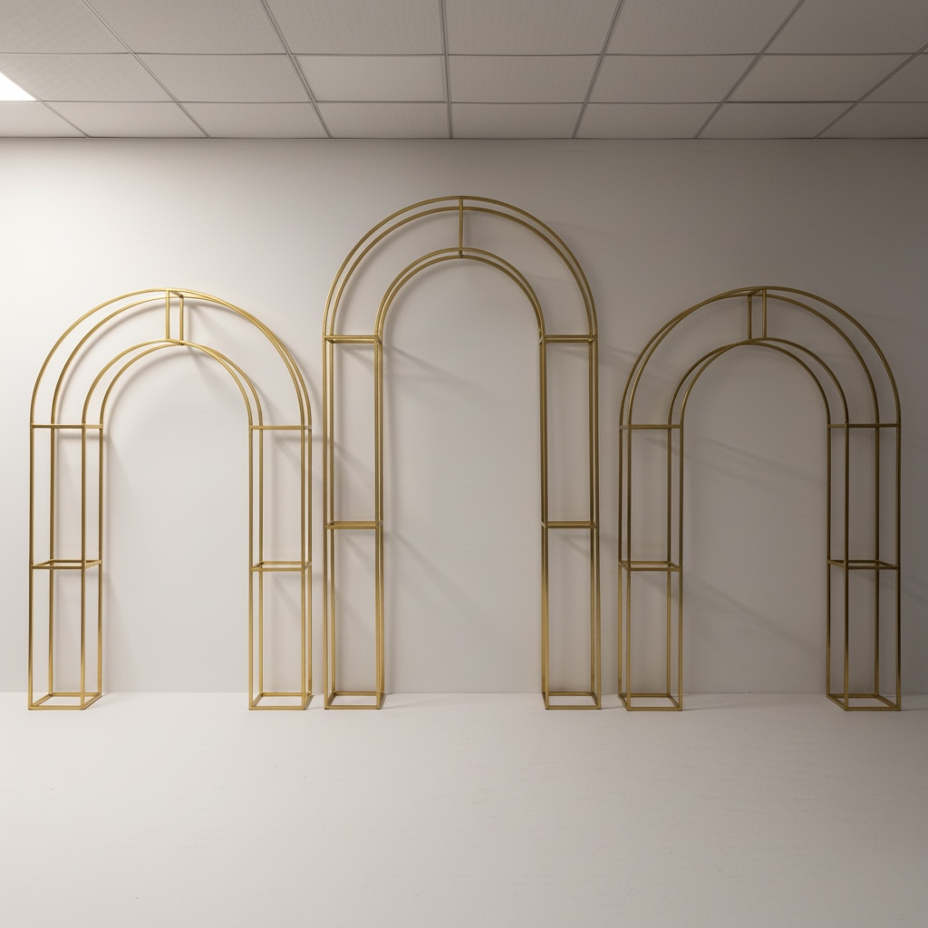 Set of gold arch-shaped wedding backdrops against a white wall.