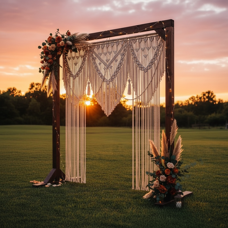 Decorative arch with large macrame boho curtain, floral arrangements and string lights in a field at sunset.