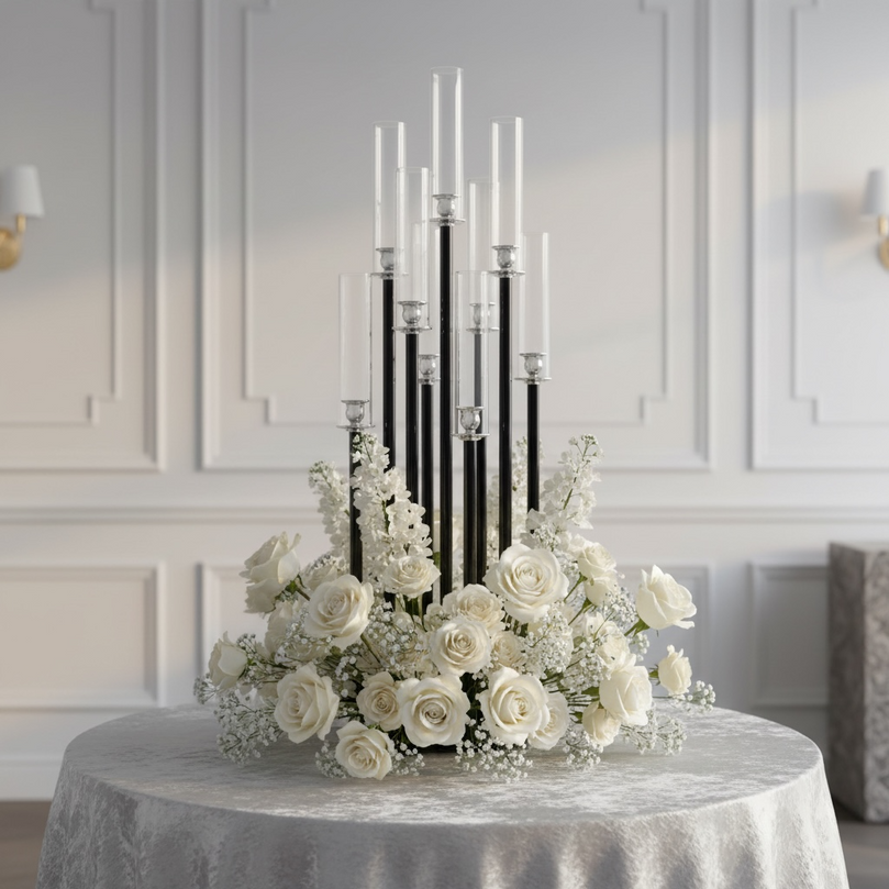 Decorative floral arrangement with a black candelabra on a table in a room with white walls.